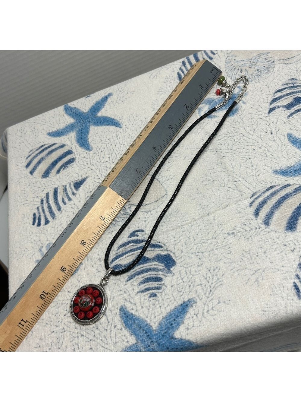 Brighton Pagoda Necklace Leather Cord Chain Silver Plated Red Green Medallion - Picture 5 of 13